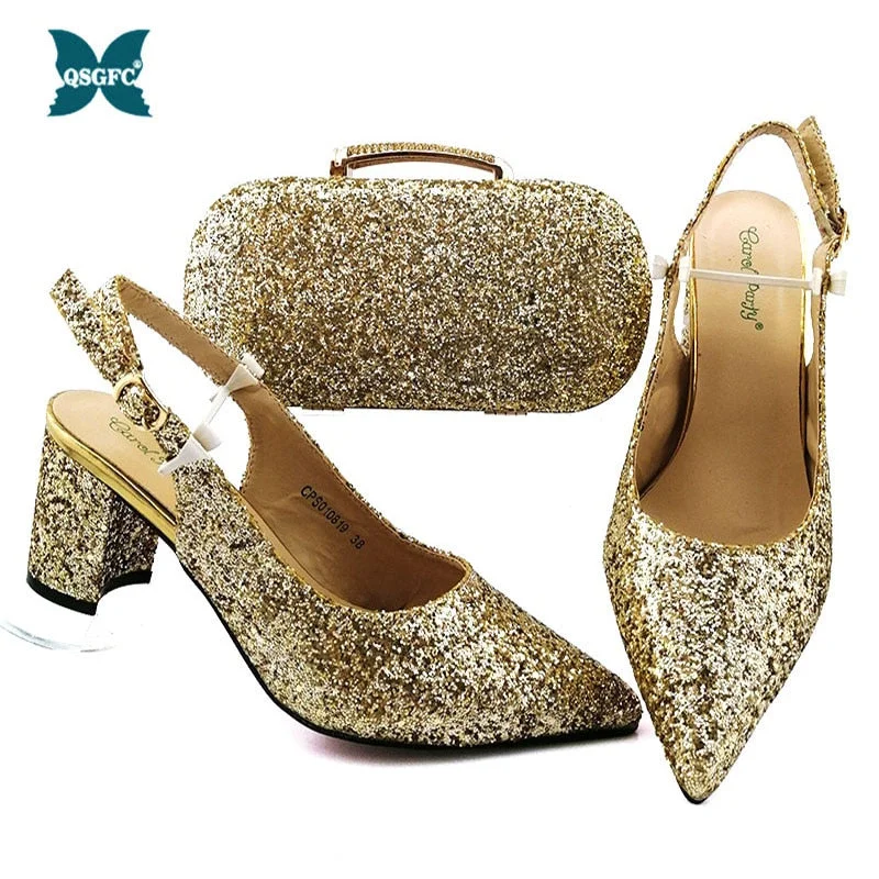 New Arrival Italian Designer Ladies Shoes and Bag Matching Gold Color African Shoes and Bag Set Nigerian Wedding Shoes for Party