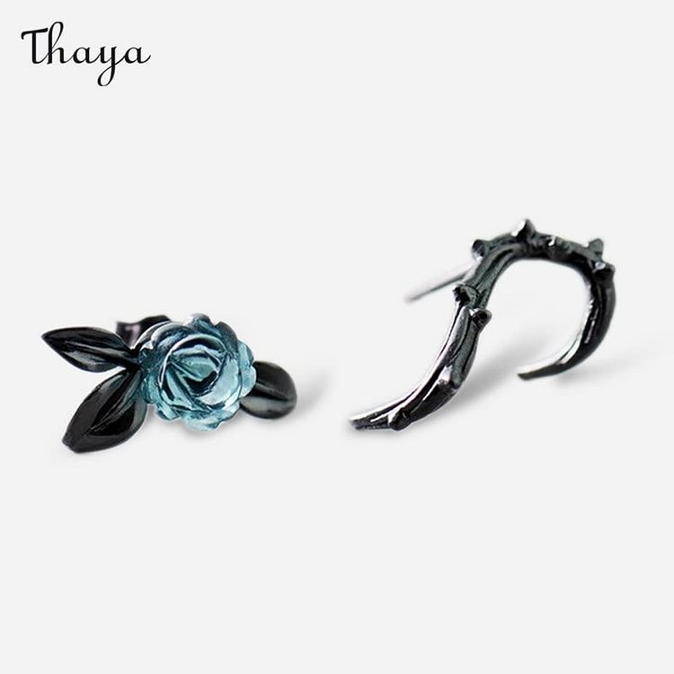 Thaya 925 Silver Thorn Blue Crystal Rose Stud Earrings