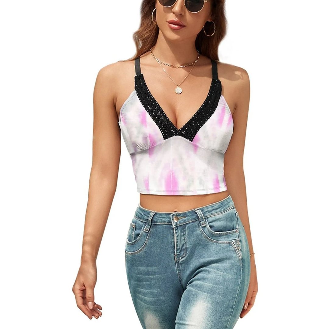 Watercolour Lace Sleeveless Vest Women's Sexy V-Neck Camisole Strappy Crop Cami Tops