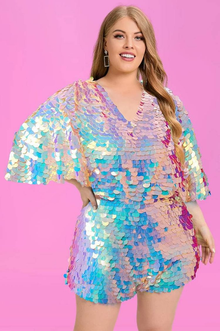 Xpluswear Design Plus Size Pink Party Sparkly Iridescent Round Sequin Glitter V-Neck Dolman Sleeve Romper(Ships 4/5)