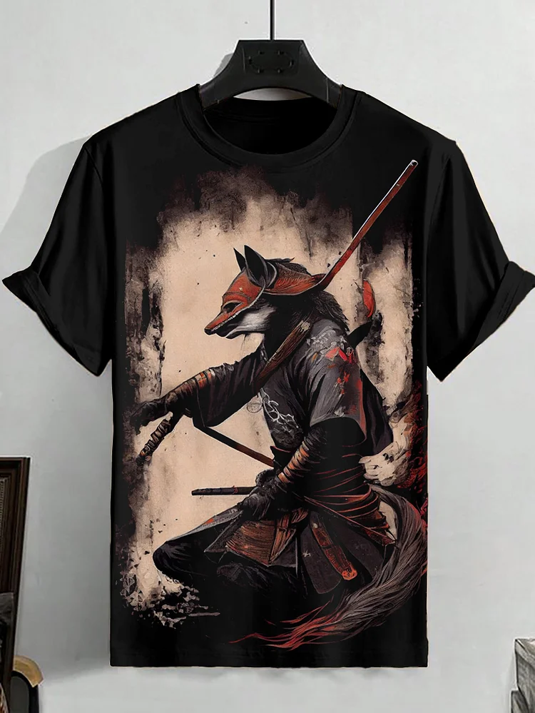 Men's Mask Kimono Samurai Fox Art Print Retro T-Shirt