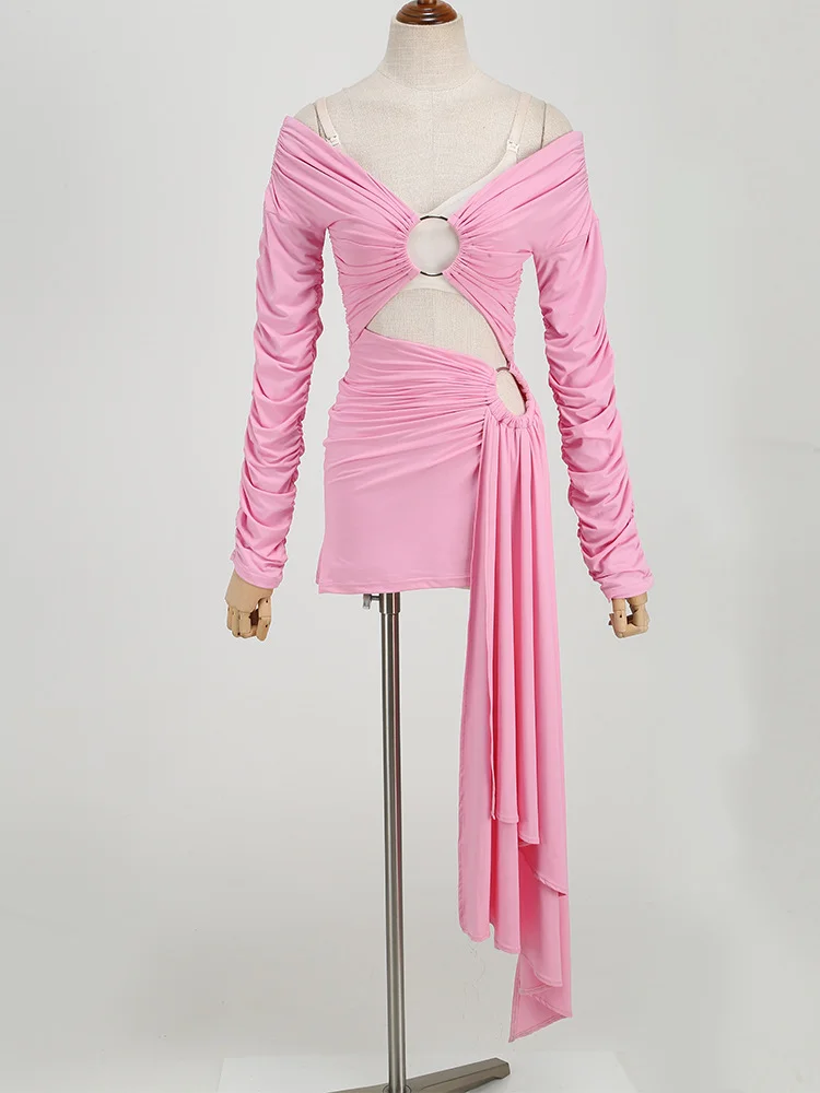 Brownm New Women's Sexy Hollow Word Collar Shoulder Long Sleeve Dress Irregular Ribbon Dress Dress Skirt