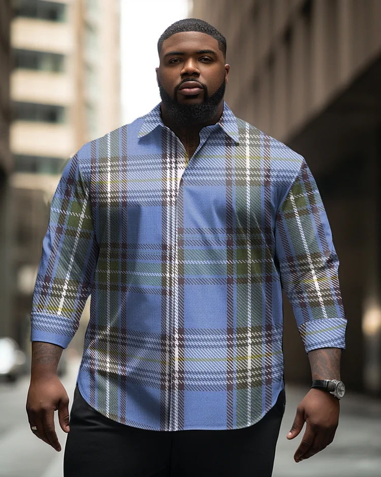 Men's Plus Size National Style Blue Plaid Long Sleeve Lapel Long Sleeve Shirt