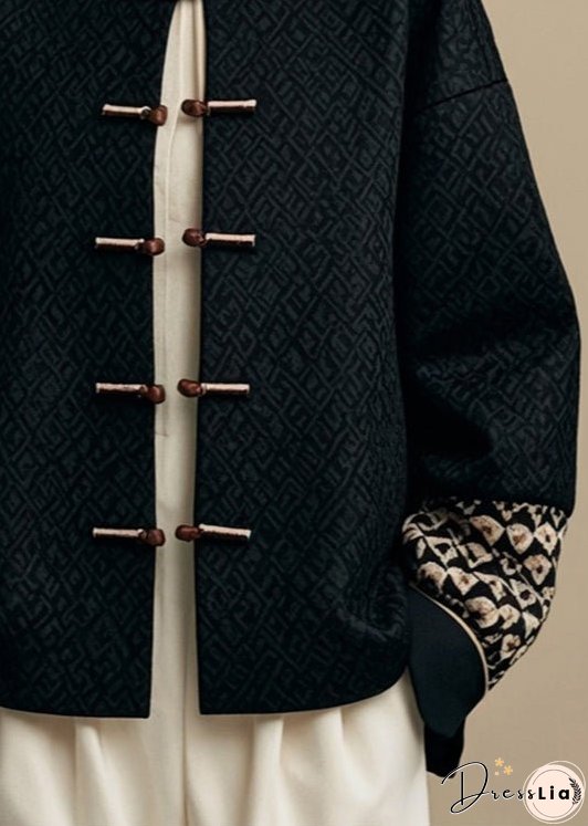 New Black Button Patchwork Cotton Coat Fall