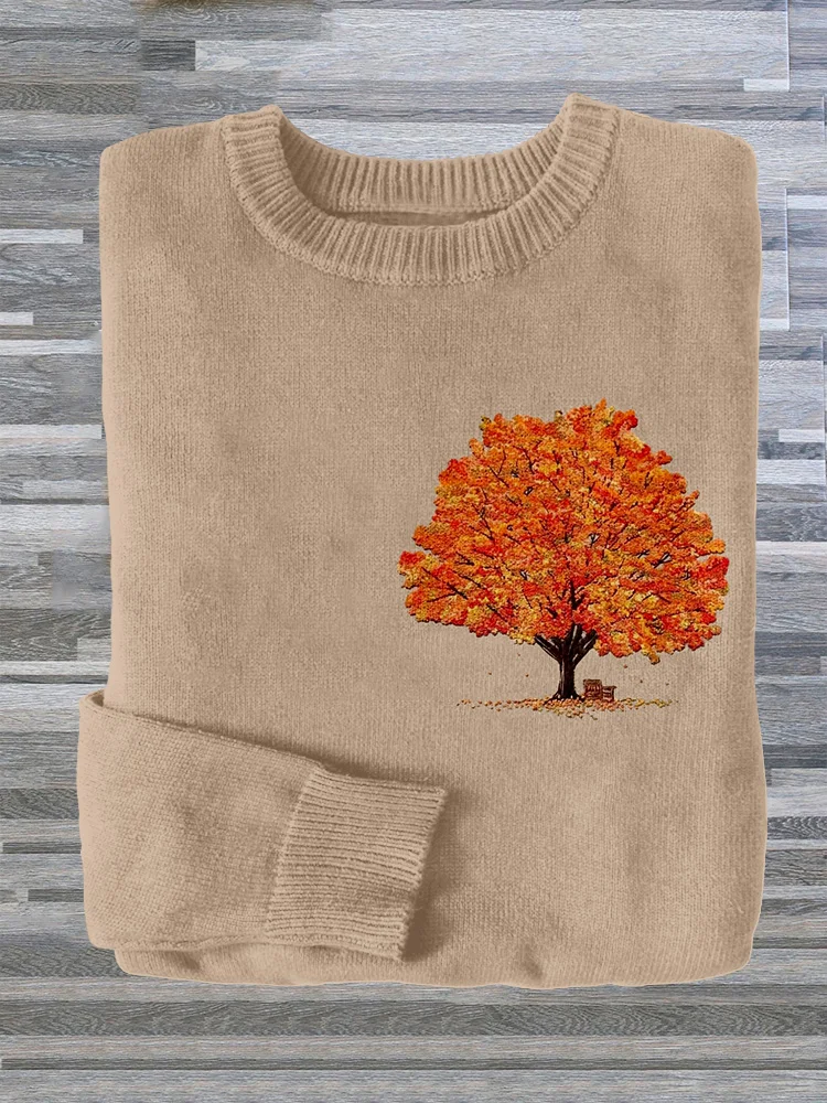 🔥kukelife🔥Autumn Tree Embroidery Art Comfy Knit Sweater