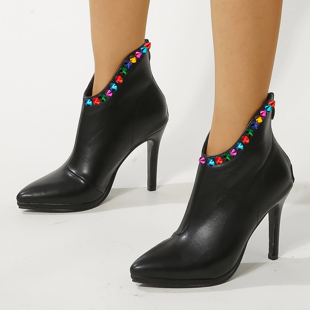 Black  Rhinestone Decor Stiletto Heels Ankle Boots Nicepairs