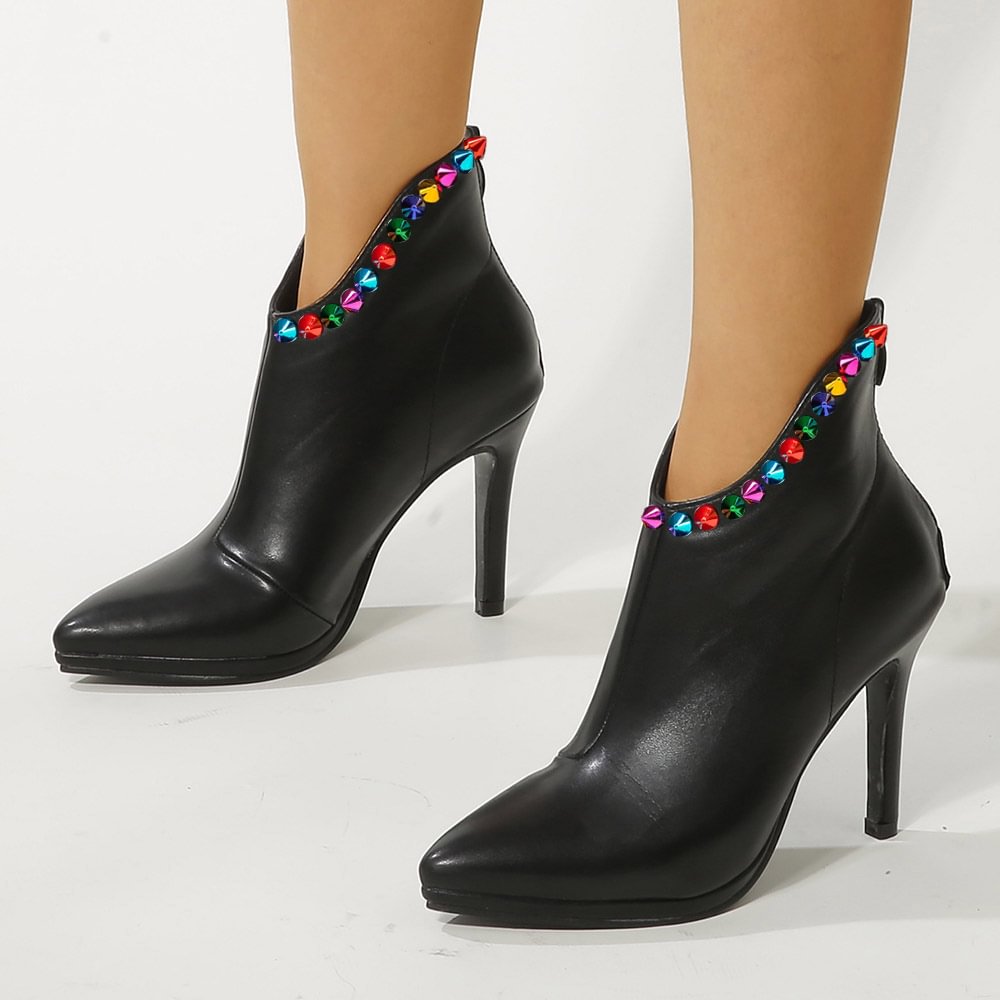 Black Leather Rhinestone Decor Stiletto Heels Ankle Boots Nicepairs