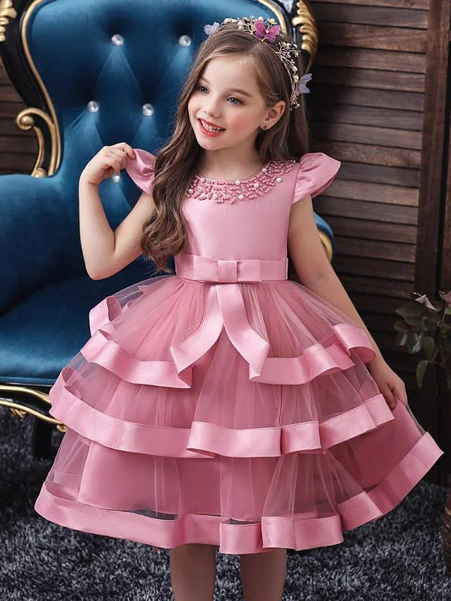 Kids Toddler Girls' Active Sweet Solid Colored Layered Sleeveless Knee-length Dress Blushing Pink