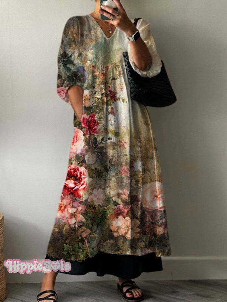 Women’s Vintage Lovely Floral Art Print Pocket V-Neck Cotton Dress Multicolor / S