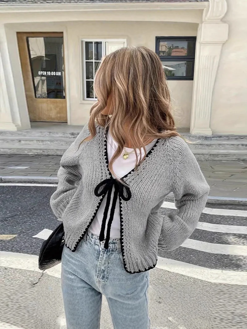 Athvotar Athvotar And Winter Sweater Women's New Knitted Shirt Loose Long-Sleeved Bow Tied With Cardigan Coat Top Woman