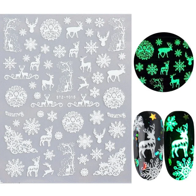 Nail Stickers Back Glue Fluorescent Light Christmas Snowflake Animal 3D Designs Nail Decal Decoration Tips For Beauty Salons-Nail Inspo
