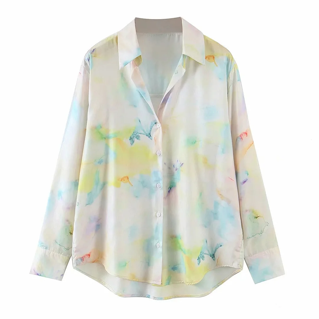 New ZA Women Tie Dye Print Shirt Retro V-Neck Long Sleeve Elegant Blouse Casual Drape Button Up Spring Autumn Chic Female Top