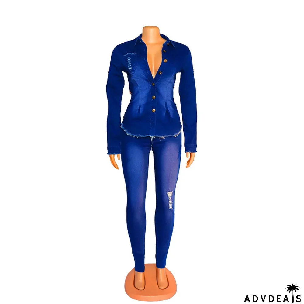 African Women Fashion Denim Long Sleeve Top and Pant Washed White Ripped Two Piece