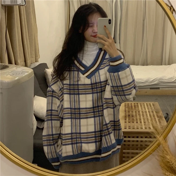 Oversized Sweatshirts Women Retro Plaid Sweaters Jumper Loose V-neck Long Sleeve Tops Girls Korean Fashion Warm Pullover