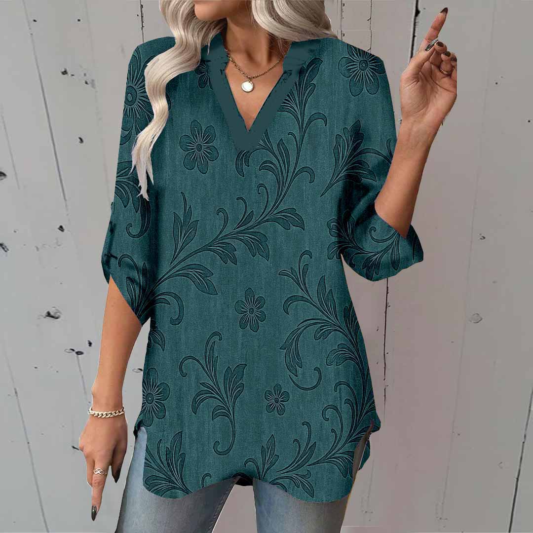 Women Retro, Blue DZGA0331 3/4 Sleeve V-neck Printed Graphic Button Tops