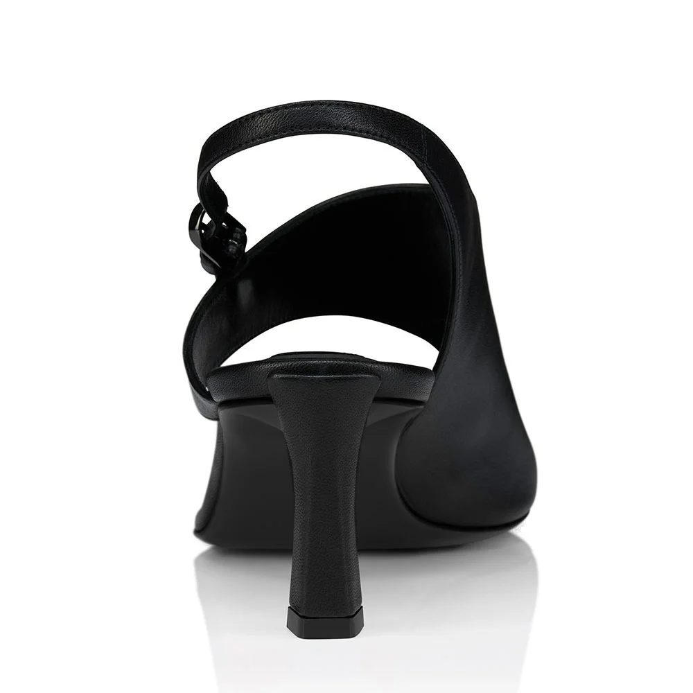 Black Vegan Leather Sculptural Heel Slingback Buckle Toe Loop Sandals