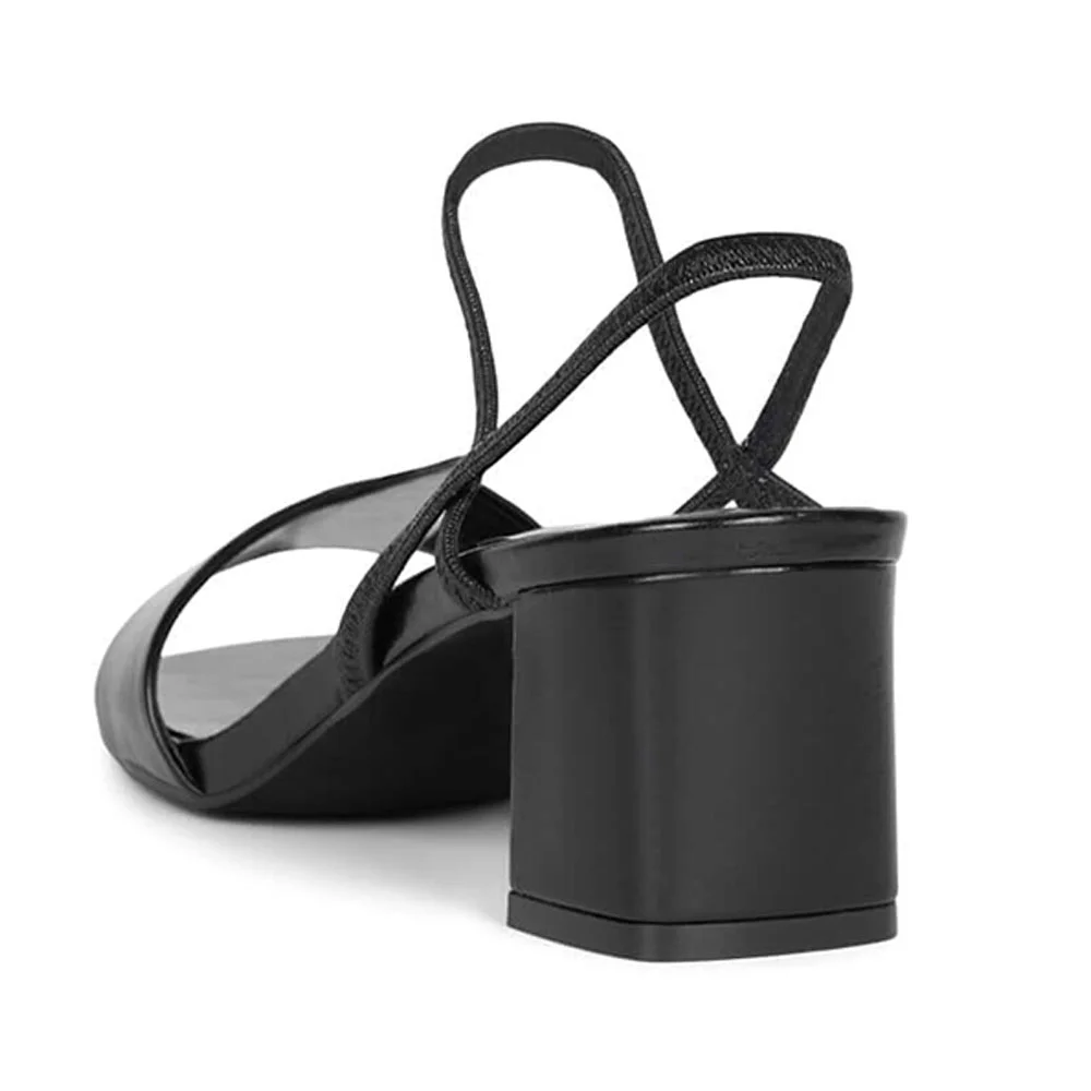 YDN Black Open Square Toe Slingback Simple Block Heel Sandals