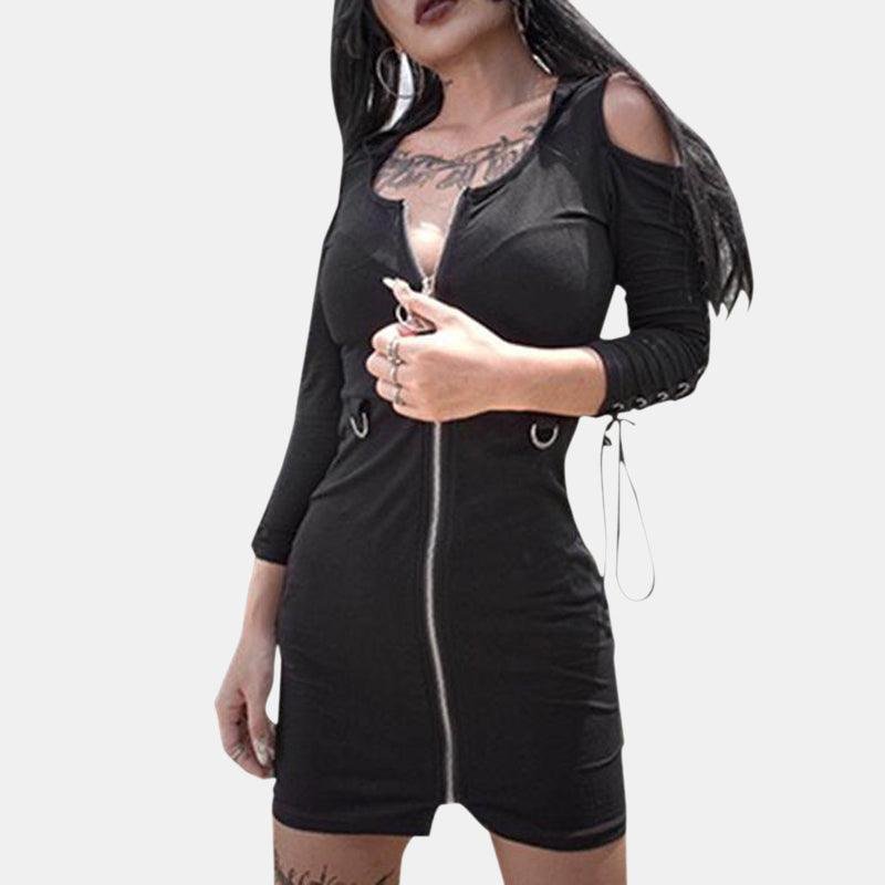 Off-shoulder Zipper Hooded Dress