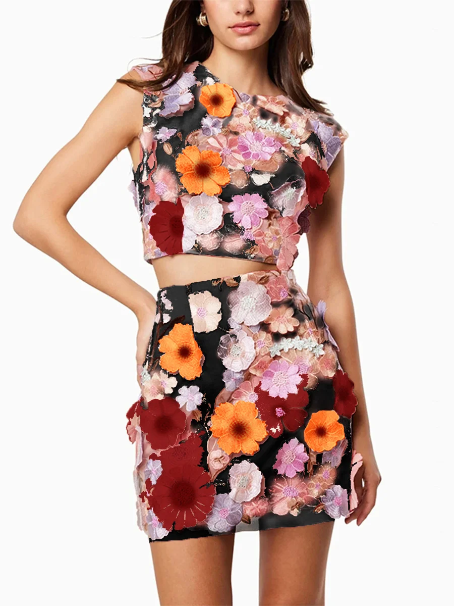 Uveng Uveng Dress 2025 Women's Dress High Embroidery Hook Sleeveless Short Top Cover Two Sets Of Hip Skirt Set