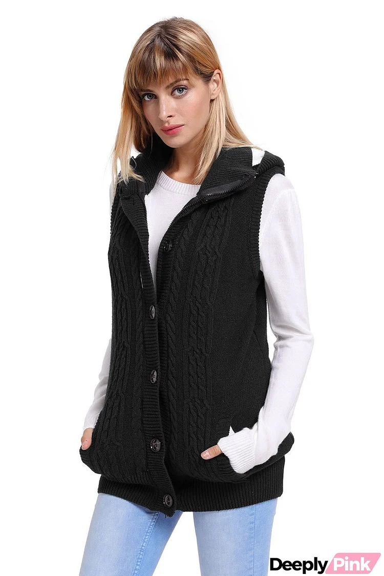 Women Black Cable Knit Hooded Sweater Vest