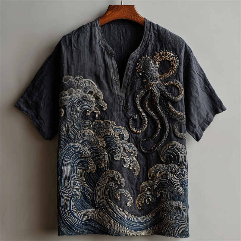 Japanese Octopus Sea Waves Embroidered Linen Shirt  artssus