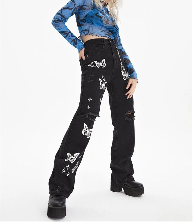 outfit inspo Promotional Hot Selling Women's Fashion Ripped Printed High Waist Straight Pants