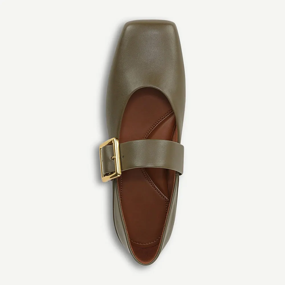 Fashion Olive Square Toe Flat Comfy Buckle Women's Mary Jane Shoes