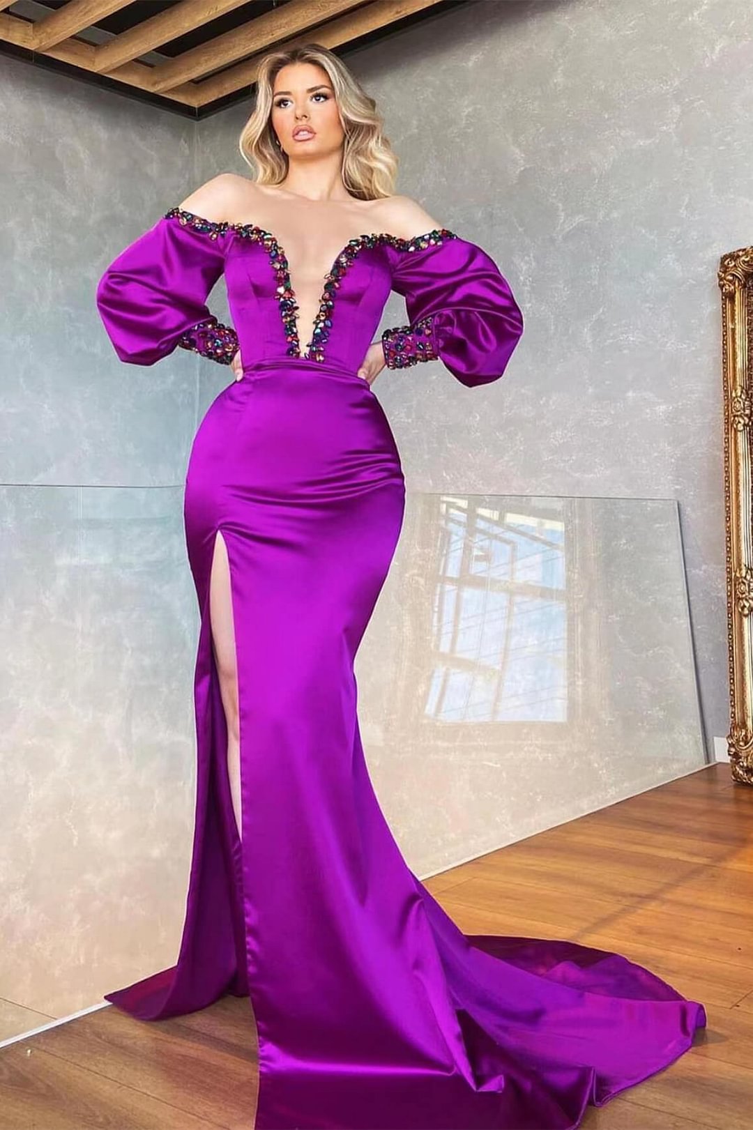 V-Neck Purple Mermaid Beadings Front Split Prom Dress Off-The-Shoulder With Long Sleeves | Ballbellas Ballbellas