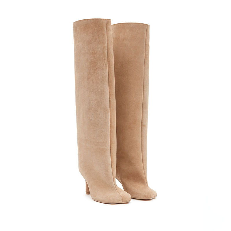 80mm Women's Suede Boots Square Toe Stiletto Heel  Knee Boots-MERUMOTE
