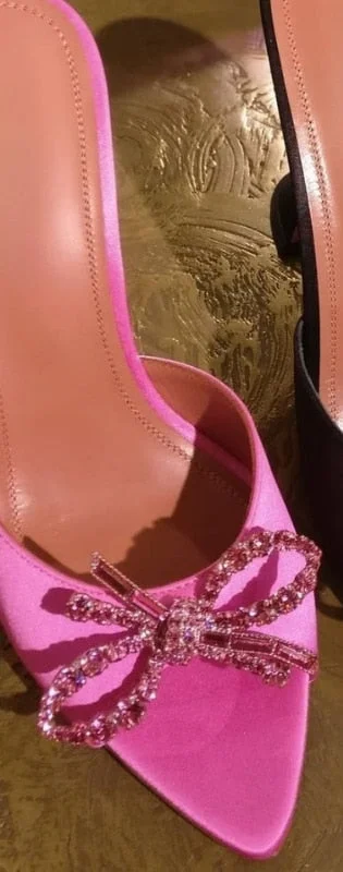 Bow Rhinestone Fish Mouth Open Toe High Heels Wine Cup Heel Mid Heel Sandal Slippers Women