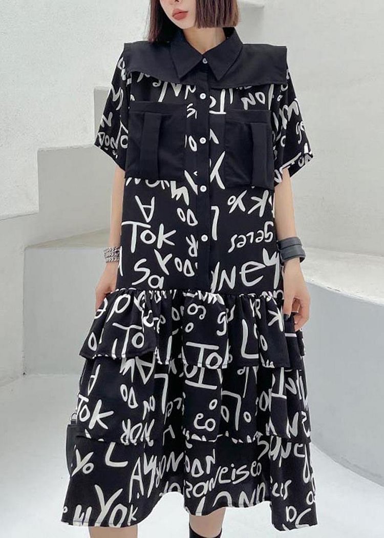 Plus Size Black Print Patchwork Peter Pan Collar Robe Dresses Summer