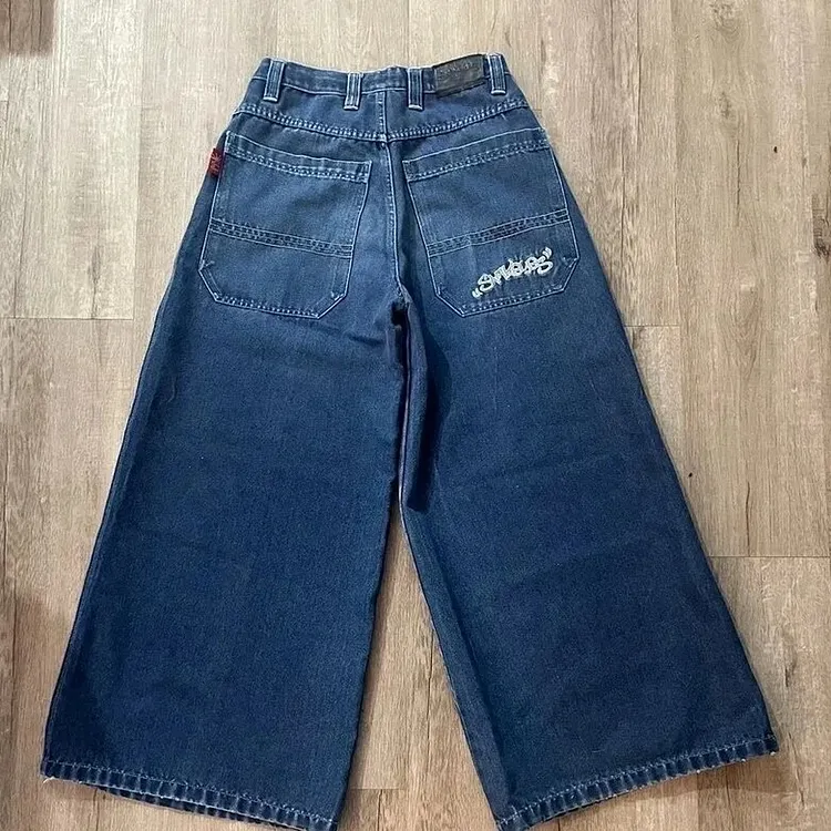 Embroidered Denim Trousers for Men Baggy Wide Leg Jeans