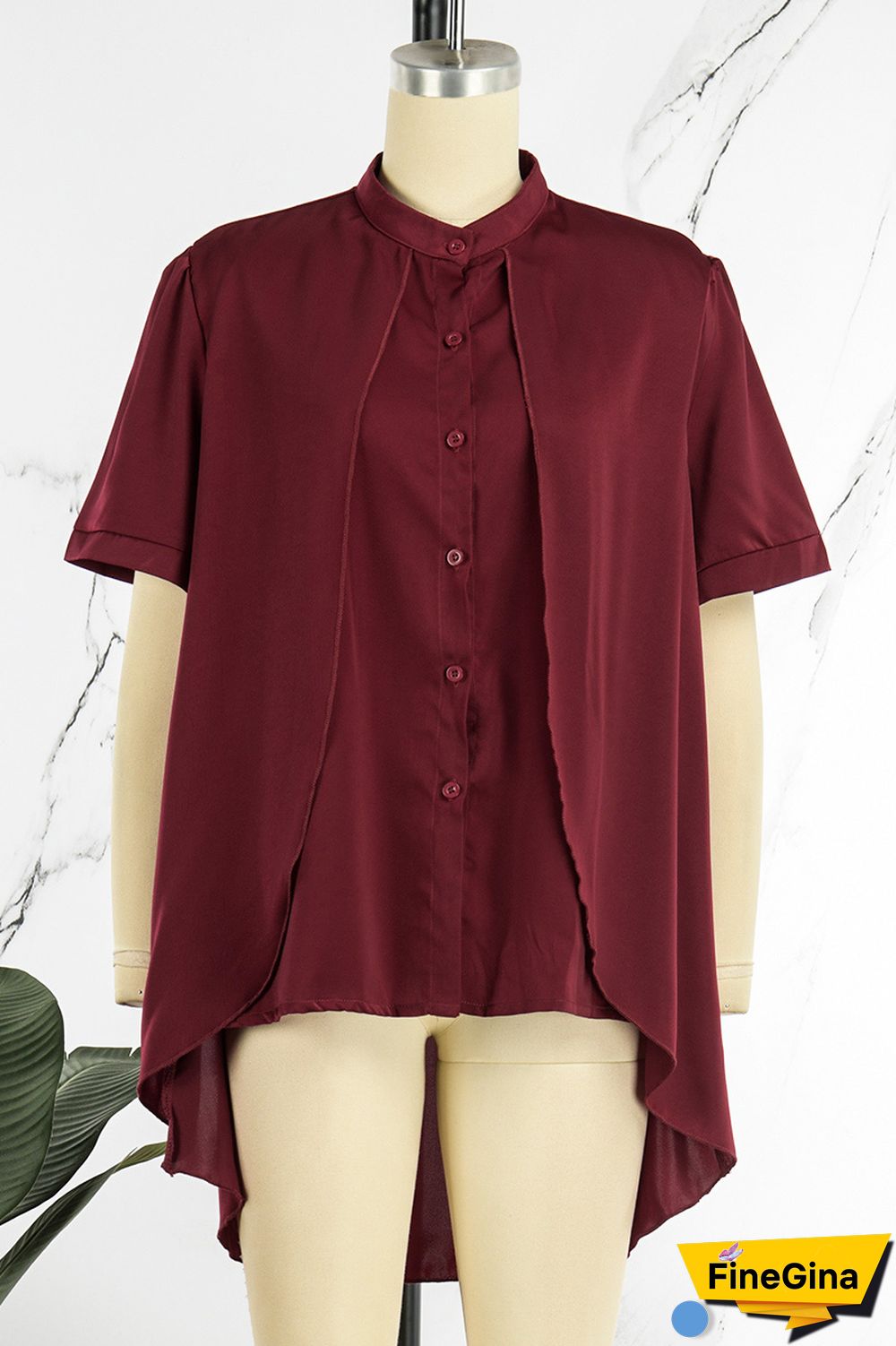 Burgundy Casual Solid Patchwork Shirt Collar Tops