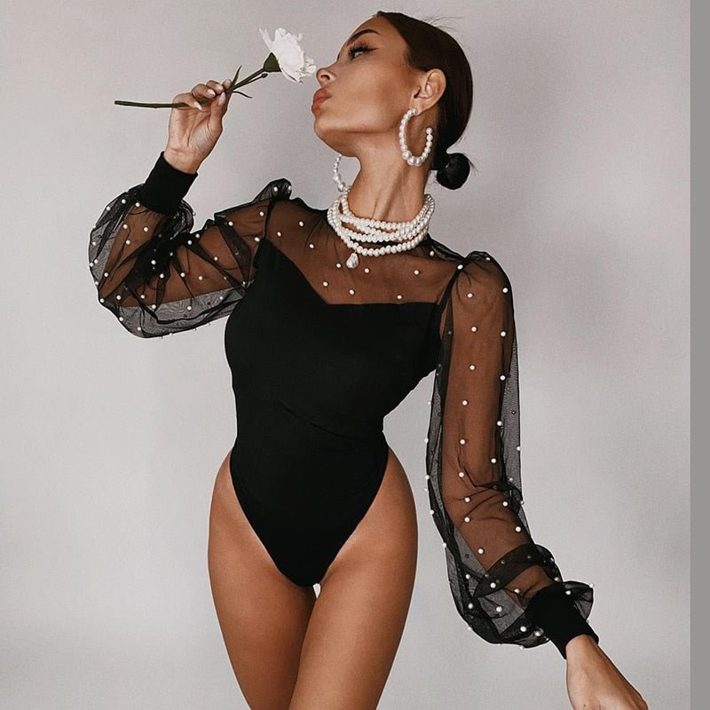 Dulzura Pearl Patchwork Mesh Lantern Sleeve Bodysuit O Neck Bodycon Sexy Streetwear Party Elegant 2020 Autumn Winter Club Body
