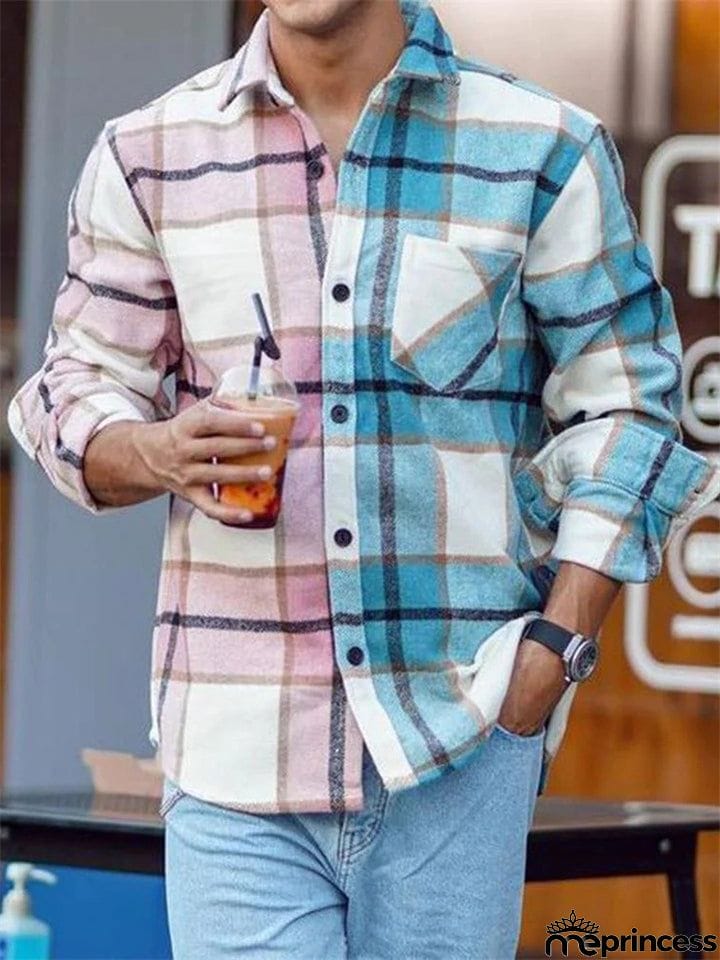 Men's Popular Plaid Contrast Color Button Down Autumn Coats