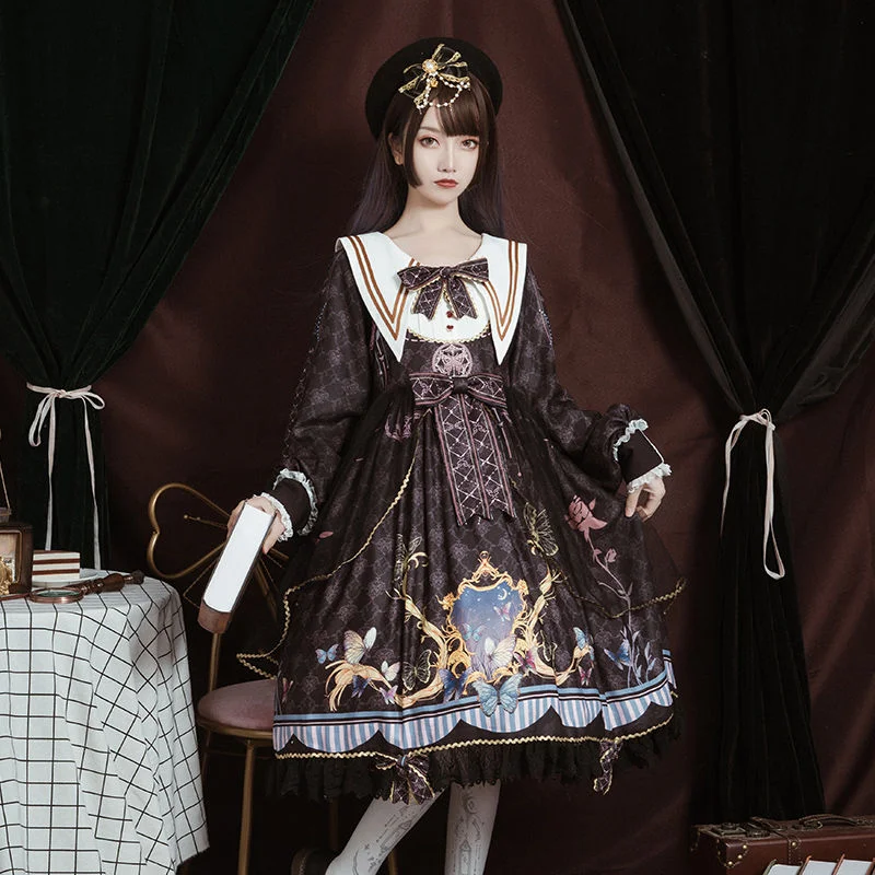 Lolita Dress Victorian Lolita Elegant Gorgeous Butterfly Love Flying Printing Vintage daily retro Tea Party Sweet Dress