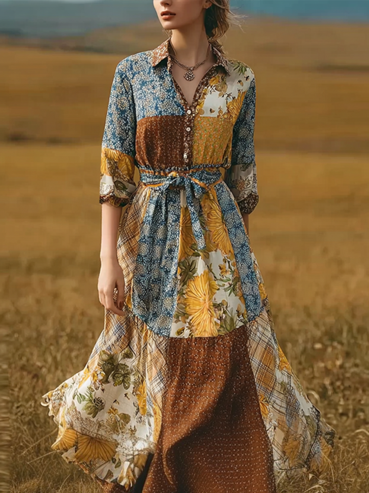 Retro Patchwork Plant Flower Design Women's Dress elevenforest