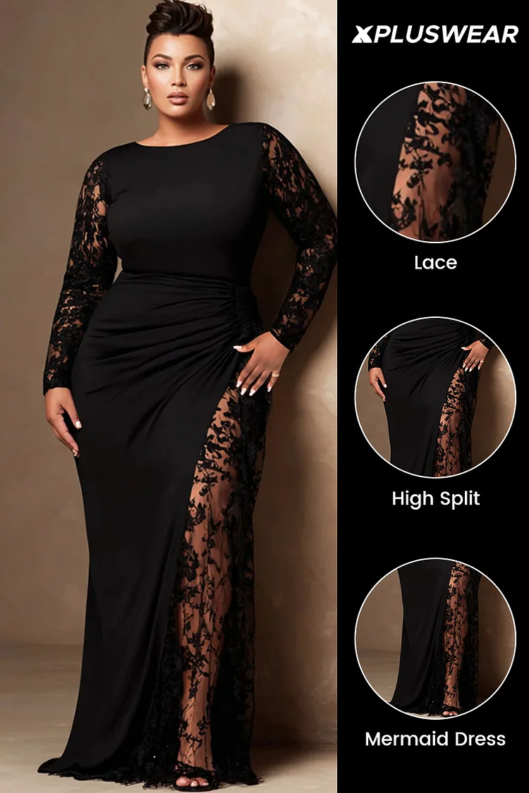 Xpluswear Design Plus Size Formal Black Round Neck Long Sleeve Contrast See Through Lace Maxi Dresses [Pre-Order]