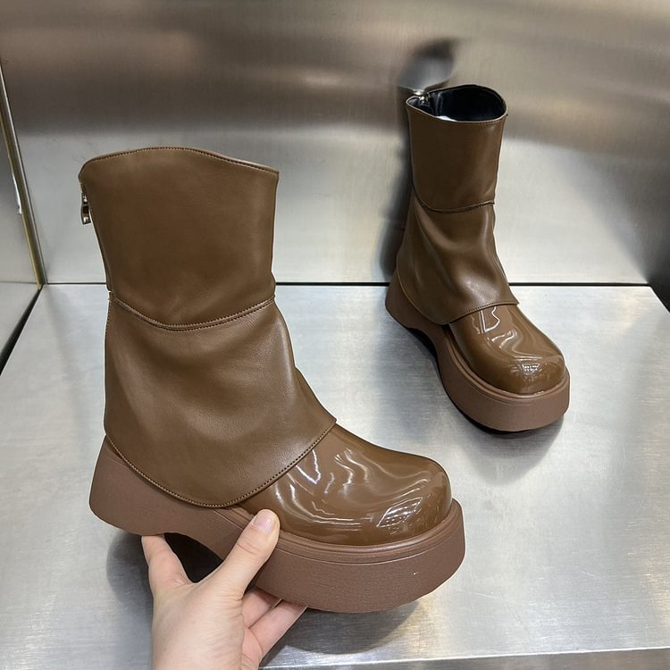 Shiny Leather Patchwork Platform Mid Calf Boots