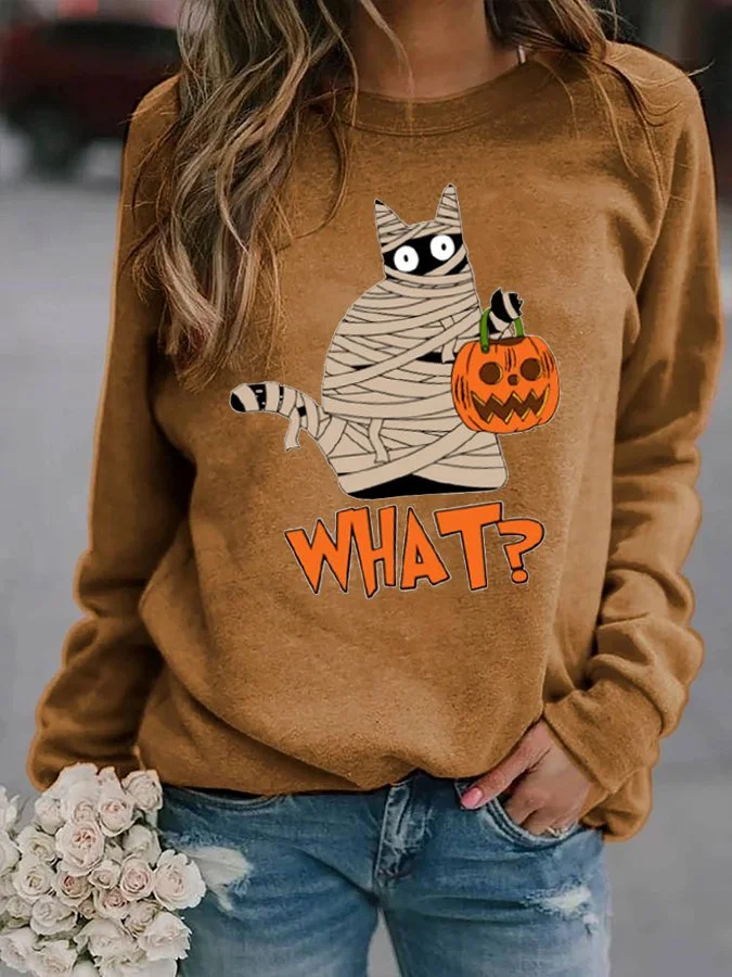 Women's Halloween Bandage Black Cat Pumpkin Print Casual Sweatshirt
