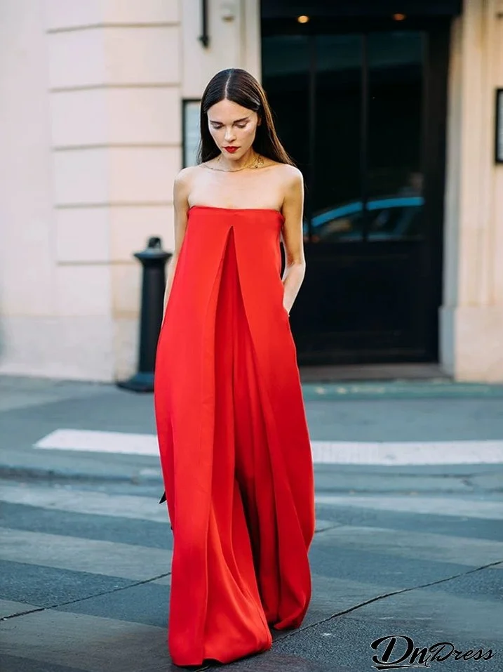 Solid Strapless Loose Swing Wide Leg Jumpsuit