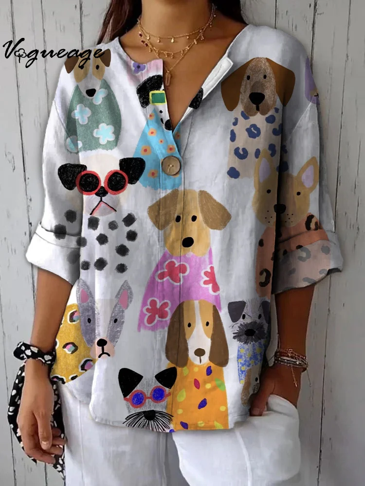 Fashionable And Interesting Cute Puppy Printed Cotton And Linen Shirt