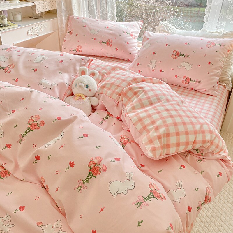 Cute Animals Flower Bedding Set For Double Bed 100 Cotton Twin Full ...