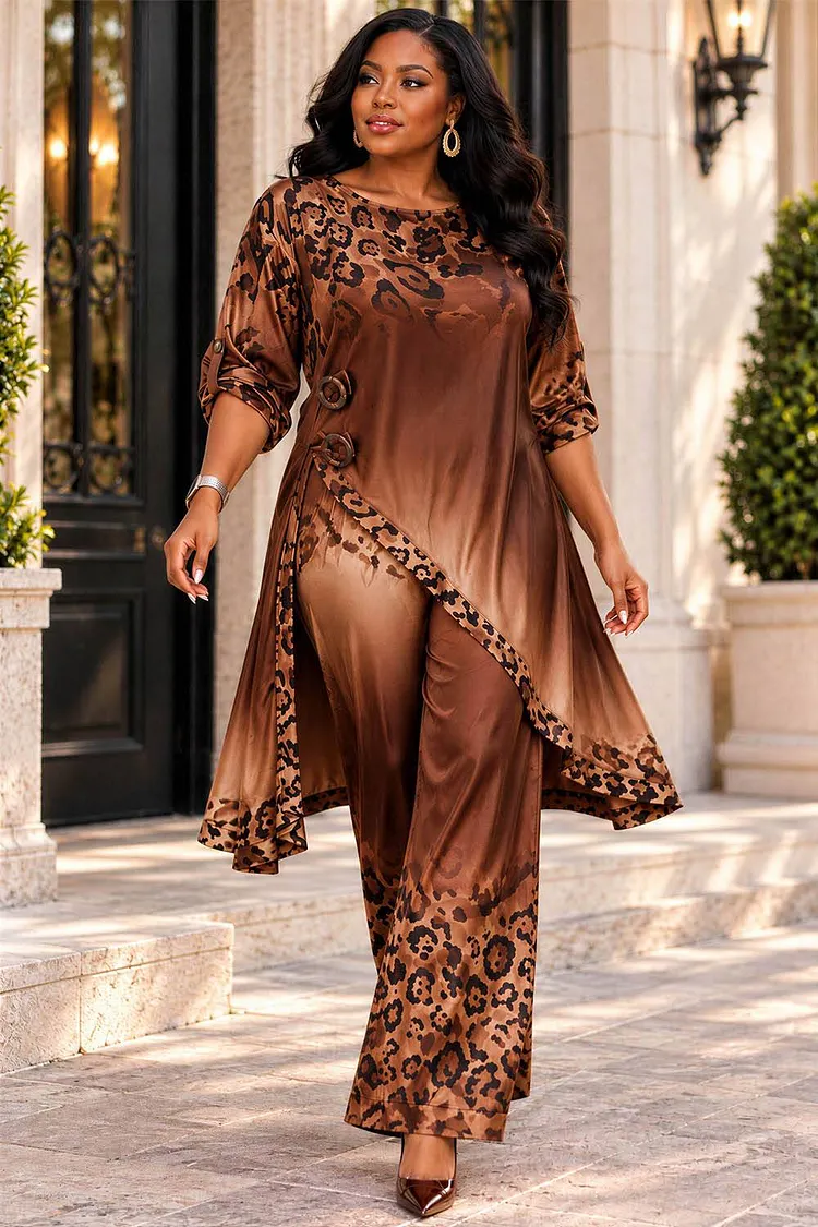 Xpluswear Design Plus Size Daily Brown Leopard Round Neck 3/4 Sleeve Asymmetric Hem Irregular Hem Pull-On Waist Two Piece Pant Sets [Pre-Order] 2024 - Xpluswear