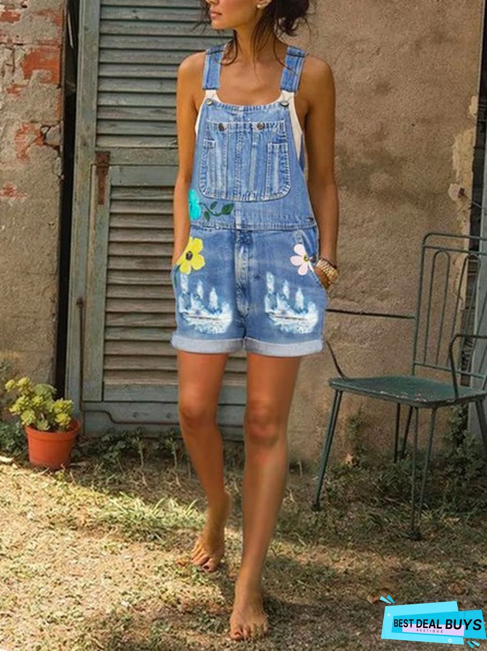 Floral Casual Jeans Sleeveless Pants Denim Overalls