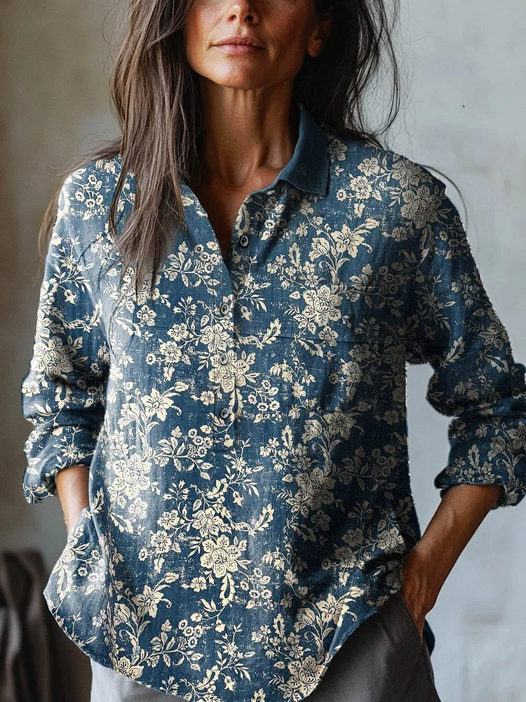 Women's Vintage Lovely Floral Art Print Casual Cotton And Linen Shirt