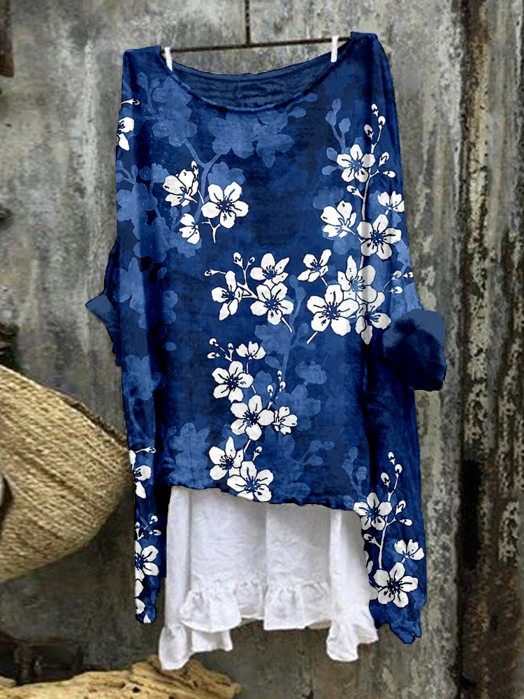 Comstylish Japanese Sakura Blossom Art Linen Blend Flowy Tunic