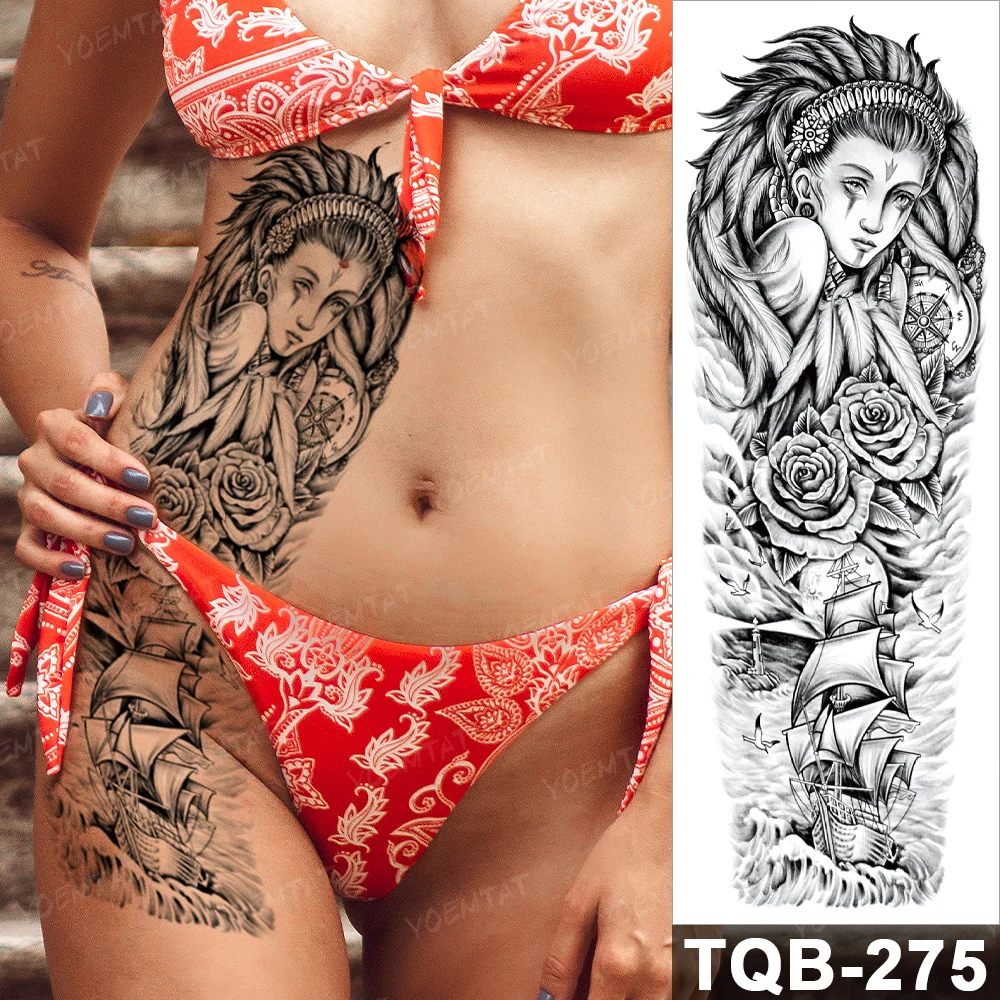 Sdrawing Arm Waterproof Traditional Temporary Tattoo Stickers Women Men Black Line Flowers Koi Crane Thigh Body Art Fake Tattoos