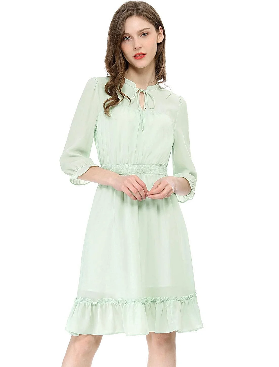 Women's Ruffle Hem 3/4 Sleeve A-Line Smocked Short Chiffon Dress