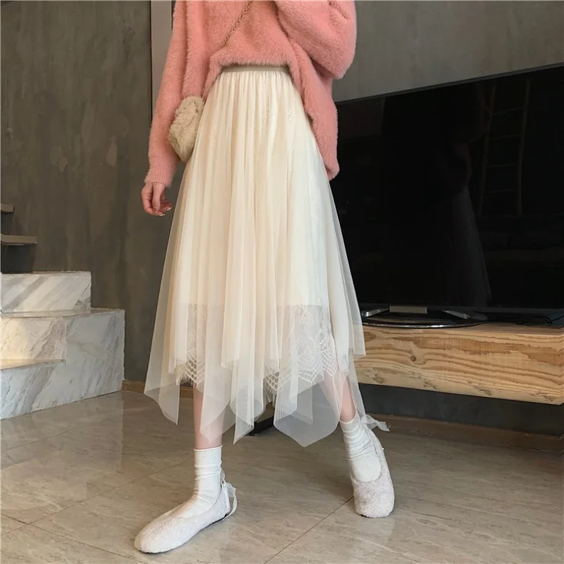 MULTI LAYER IRREGULAR MESH MIDI SKIRT